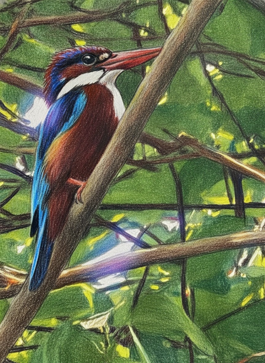 Pencil drawing — white-throated kingfisher.