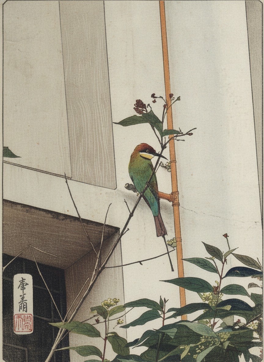 Woodblock print — bird perched among leaves.